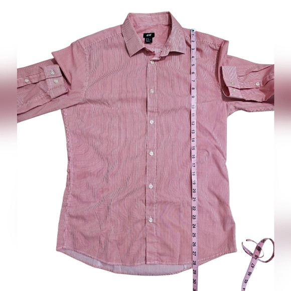 H&M Button Up Dress Shirt Men Medium Pink White Pinstripe Preppy Classic Office - Picture 6 of 6